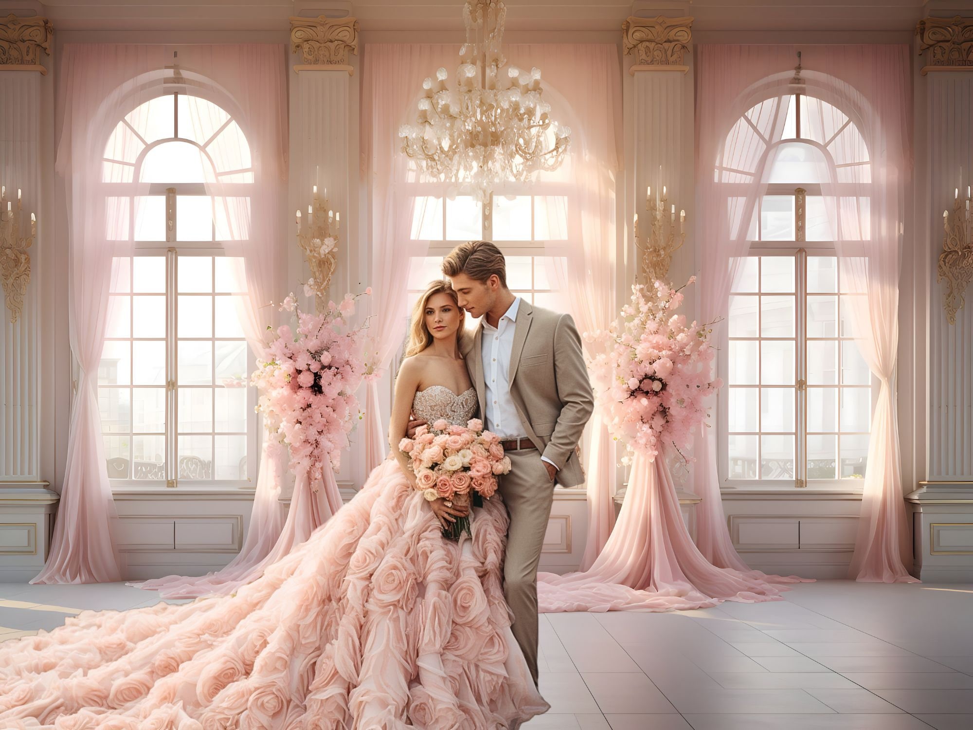 Wedding Qq - 핑크 궁전 꽃 사진 배경 커튼